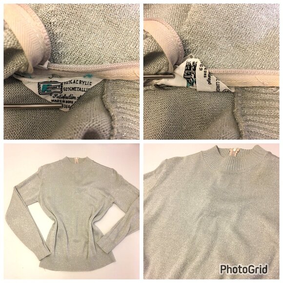 Vintage 60s 70s KMark Silver Metallic Lurex Sweater Back Zipper Holiday Glam (2) - Picture 3 of 12